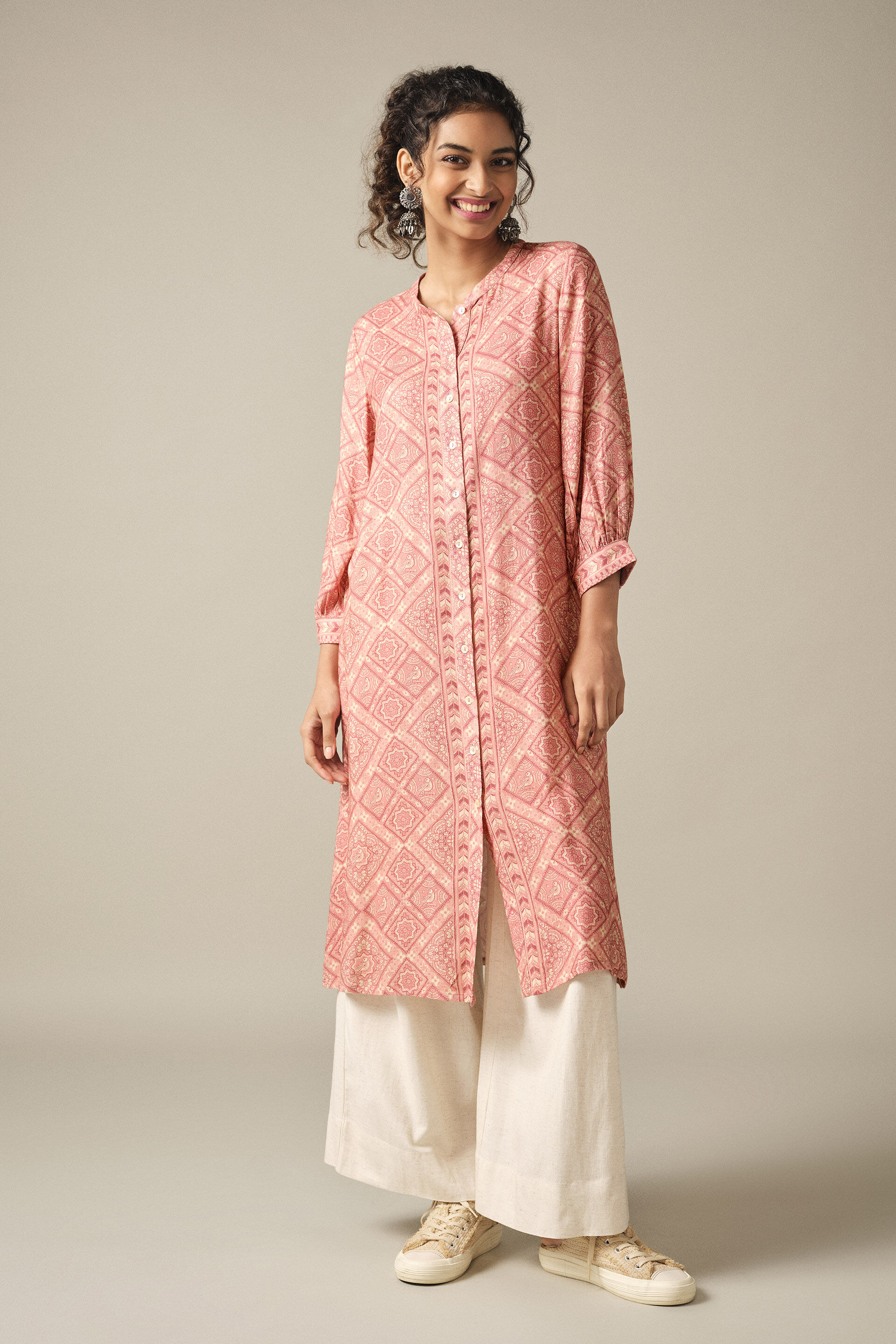 Bird Print Kurta in Pink
